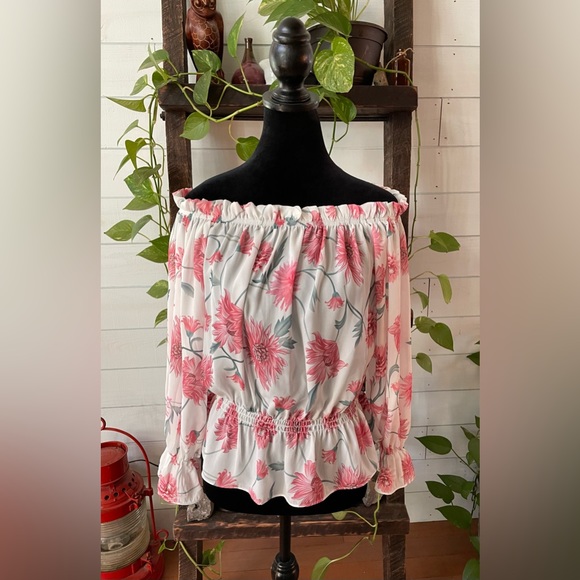 Peasant White and Pink Floral  On or Off The Shoulder Blouse - Picture 1 of 17